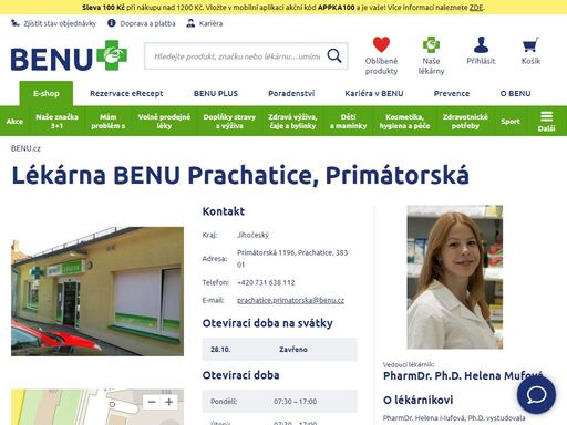 ?zaměření na dětský sortiment a geriatrickou a zubní péči. široký sortiment volně prodejných produktů. otevřeno po-pá 7:30 - 17:00. bezbariérový přístup.?