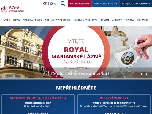 lázeňský hotel royal s panoramatickými výhledy na mariánské lázně se nachází 300 m od centra. na oficiálních stránkách garance nejnižších cen.