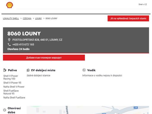 8060 louny je čerpací stanice v oblasti louny. tato stanice zahrnuje obchod, myčka a toalety.