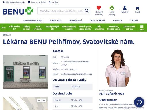 ?lékárna je bezbariérová a je výdejním místem e-shopu benu.cz. zaměřuje se na dětský sortiment, dermokosmetiku, geriatrickou péči a speciální výživu.?