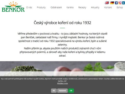 benkor - beníček koření - je česká rodinná společnost s tradicí od roku 1932, specializovaná na výrobu koření,kořenících směsí, bylin a sušené zeleniny. našimi produkty  jsou dále nakládacích přípravky deko, nova, dia nova, želírka, různé marinády, bio vý