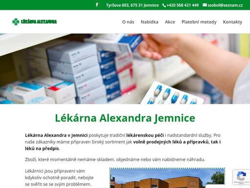 lékárna alexandra v jemnici poskytuje tradiční lékárenskou péči i nadstandardní služby. výdej léků, prodej vitamínů, homeopatik atd. navštivte naši lékárnu.