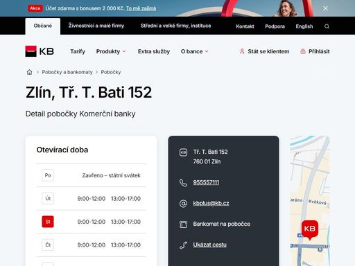 seznam a vyhledávání poboček a bankomatů komerční banky.