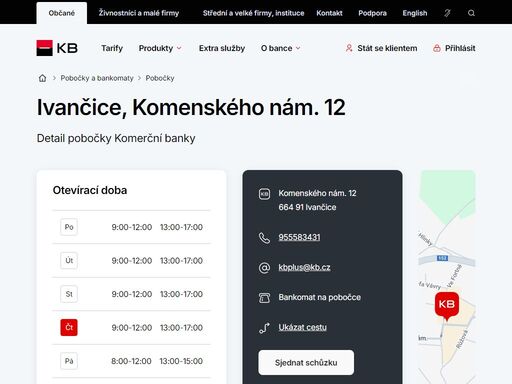 seznam a vyhledávání poboček a bankomatů komerční banky.
