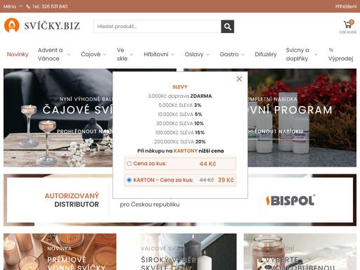 výhodne ceny při nákupu svíček na kartony. objevte nové vůně svíček v našem e-shopu. vyberte si z nabídky mnoha typů a tvarů.
