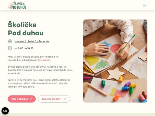 vítejte v dětské skupině pod duhou. skupinka je pro 18 dětí od 1,5 do 4 let od neziskovky sto skupin. o děti pečujeme s láskou a snažíme se, aby pro ně byla jejich první školička ten nejlepší start v jejich další životní cestě.