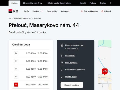 seznam a vyhledávání poboček a bankomatů komerční banky.