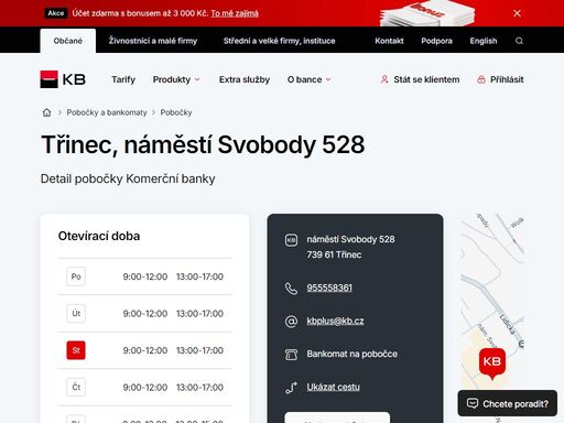 seznam a vyhledávání poboček a bankomatů komerční banky.