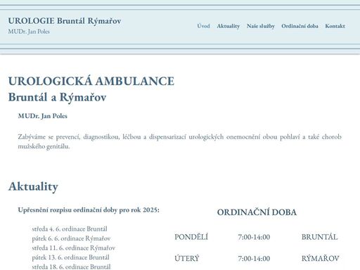 poskytujeme komplexní urologickou péči s profesionálním a individuálním přístupem ke každému pacientovi. naše ambulance se nachází ve městech bruntál a rýmařov. těší se na vás mudr. jan poles a personál ambulance.