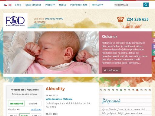 stránky fondu ohrožených dětí, které pomohá týraným, zanedbávaným, zneužívaným, opuštěným nebo jinak sociálně ohroženým dětem v čr