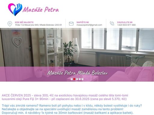 masážní salón petra poskytuje rekondiční masáže, relaxační masáže, masáže lávovými kameny, baňkování, havajskou masáž lomi-lomi a indickou masáž hlavy.