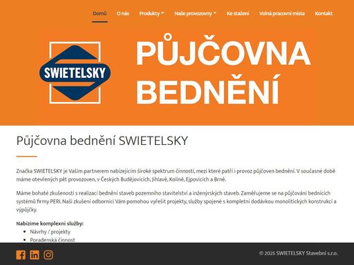 swietelsky stavební. provozujeme půjčovnu bednění systémů peri. zaměřujeme se na kompletní škálu bednění, lešení, příslušenství i výroby na zakázku. zkušení odborníci vám poradí s řešením projektů, služeb spojených s kompletní dodávkou monolitických konstrukcí či výpůjčky. těšíme se na vás 4. května 2022 od 11.00 hod.na dni otevřených dveří.