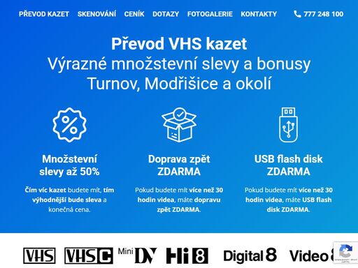 máte staré vhs kazety? chcete si je prohlížet i po letech ale už není na čem? chcete mít jejich zálohu? převedu vám videa do digitálního formátu, udělám kopie., základní cena je 250,- za hodinu vhs videa. množstevní sleva až 50%. čím víc budete mít kazet, tím nižší bude sazba za hodinu převodu. nad 30 hodin usb zdarma.