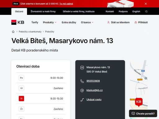 seznam a vyhledávání poboček a bankomatů komerční banky.