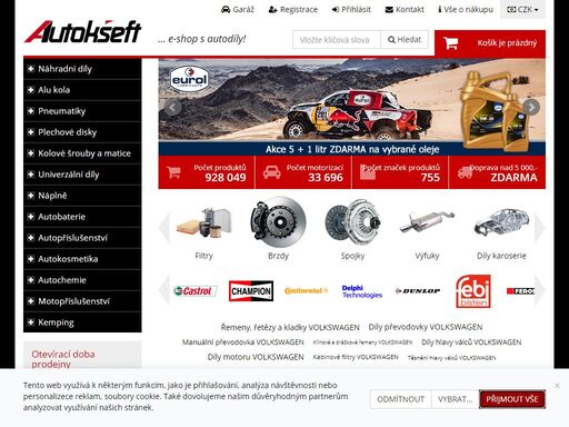 dodáváme nejširší sortiment autodílů, náhradních dílů, pneumatik, plechových a hliníkových kol. v e-shopu nabízíme pouze nové autodíly a náhradní díly, alu kola a pneumatiky.