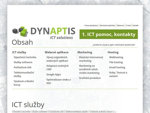 komplexní informační a telekomunikační řešení pro small/medium business. outsourcing ict, profylaxe, správa, dohled. hosting web, mail & database. online marketing a grafická produkce. webdesign, výroba eshopů a vývoj aplikací php/mysql/javascript. poradenství, konzultace, školení. windows/unix/mac. okamžitá reakce 24/7. spoken english.