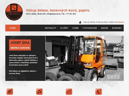 josef zika - výkupujeme kovošrot, kovový odpad, šrot, železo, barevné kovy - nerez, měď, hliník, mosaz, bronz, olovo, cín, sběrový papír, kabely, elektromotory. výkup a ceník železa a barevných kovů najdete na webu.