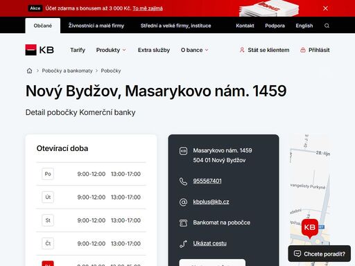 seznam a vyhledávání poboček a bankomatů komerční banky.