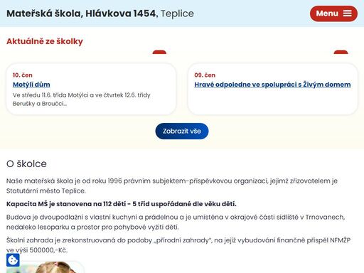 budova mš  je umístěna v okrajové části sídliště v trnovanech, nedaleko lesoparku. školní zahrada je zrekonstruovaná do podoby ,,přírodní zahrady“. zjistěte o nás více.