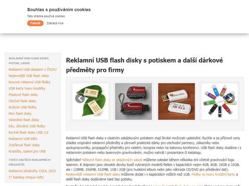 reklamní usb flash disky s vlastním potiskem, i expresně. vyrobíme i netradiční usb flash disky pro vaše akce. flešky skladem k dodání ihned, nejlevnější i od 128mb. usb klíče, karty. plastové, kovové, skleněné, dřevěné i kožené provedení.
