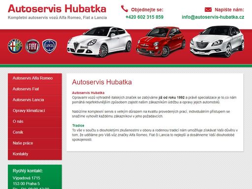stk, s.t.k., technikcá kontrola, emise, měření emisí, technická praha, pick-up servis, alfa romeo, fiat, lancia, autoservis, stk servis praha, praha stk autoservis hubatka nabízí komplexní servis vozů alfa romeo, fiat a lancia. tradice od roku 1992, kvalita a individuální přístup.