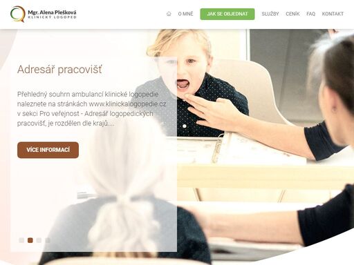 jmenuji se alena plešková a jsem klinický logoped v. ostravě. v roce 2008 jsem zakončila magisterské studium oboru logopedie na pedagogické fakultě univerzity palackého v olomouci státní závěrečnou zkouškou z logopedie, surdopedie, speciální pedagogiky a psychologie...