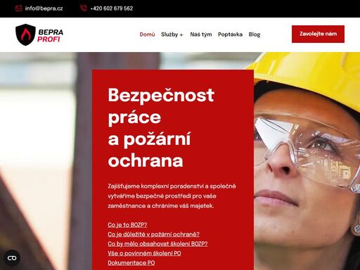 bepra profi poskytuje služby v oblasti bezpečnosti práce a požární ochrany. tvorba potřebné dokumentace, školení, zastupování při kontrolách, úrazech, a to včetně právního poradenství v dané oblasti.