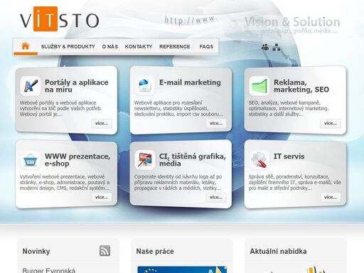 vitsto se zabývá výrobou a implementací webových portálů a aplikací na míru. zároveň poskytujeme kompletní it servis a reklamní servis. 