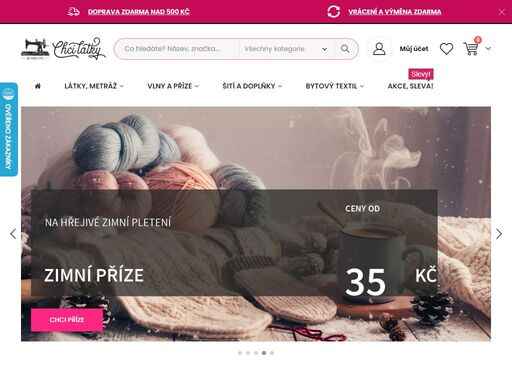 internetový obchod chcilátky.cz prodává látky a textilie v metráži, dekorační a potahové látky, látky na patchwork, bavlněná plátna, úplety, oděvní látky, rongo, flanel, kepr, mikroplyše a minky, technické textilie, slunečníkoviny, organzy, tyly, galanterii. najdete u nás také pletací a háčkovací vlny a příze, bytový textil, dekorační látky, záclony, závěsy a blackouty (zatemňovací látky), ubrusy, ručníky a další.