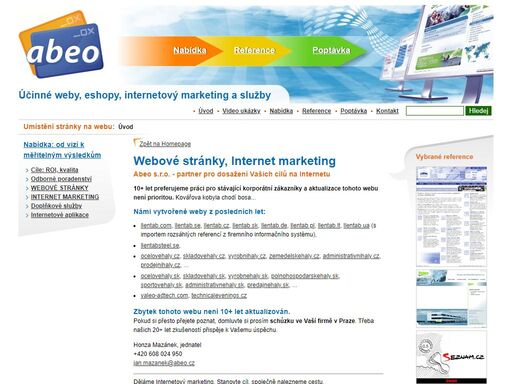 abeo s.r.o. - webové stránky, internetový marketing a odborné poradenství. chcete web, který vaší firmě skutečně pomůže? rádi se vám budeme osobně věnovat při tvorbě webu nebo internetového marketingu. zvyšujeme našim zákazníkům návštěvnost webů, tržby a zisky.