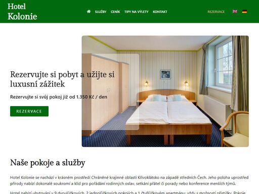 hotel kolonie nabízí ubytování v krásné oblasti křivoklátska. hosté zde najdou soukromí a klid nejen pro pobyt, ale i pro pořádní oslav či firemní teambuilding.