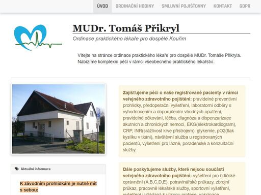 vítejte na stránce ordinace praktického lékaře pro dospělé mudr. tomáše přikryla. nabízíme vám profesionální a osobní přístup. to vše v příjemném prostředí naší ordinace v kouřimi. 
