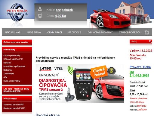 pneuservis a internetový obchod (e-shop). prodáváme a opravujeme pneumatiky, geometrii, vyvážení kol, kovové a hliníkové (alu) disky. prodáváme také akumulátory a sněhové řetězy. vyměňujeme brzdové destičky, kotouče, tlumiče, výfuky a olej.