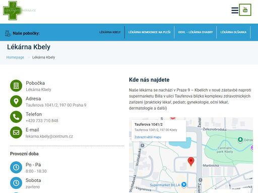 naše lékárna se nachází v praze 9 - kbelích v nové zástavbě naproti supermarketu billa.