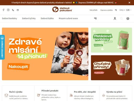 zdravé mlsání a sladkosti vyráběné z přírodních surovin, bez lepku a přidaného cukru, pro děti i dospělé. váš eshop s bonbóny, tyčinkami a lízátky z datlí.