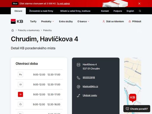 seznam a vyhledávání poboček a bankomatů komerční banky.