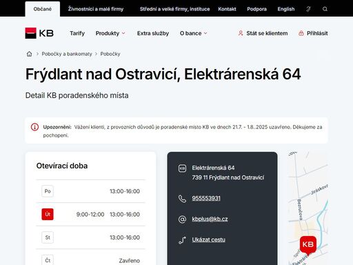 seznam a vyhledávání poboček a bankomatů komerční banky.