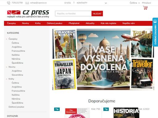 vítejte v našem obchodě. cz press spol. s r.o. vznikla v roce 1991 a za dobu své existence vešla do povědomí zájemců o zahraniční tisk v české republice jako spolehlivý a rychlý dodavatel aktuálních vydání novin a časopisů. kromě prodejen zásobujeme zahraničním tiskem také ministerstva, úřady, školy a individuální…