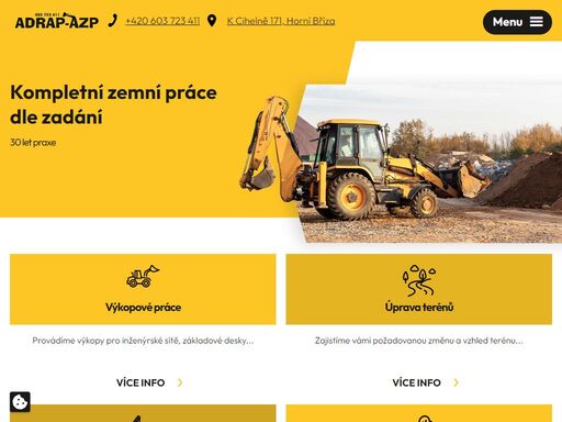 realizujeme opravy nerovností, terénní úpravy pozemků a zahrad, vytvoříme terénní úpravy dle vašeho projektu, výkopy základů, jímek a bazénů, sejmutí a rozprostření ornice, dále kanalizační, plynové, vodovodové a elektrické přípojky a hutnění.
