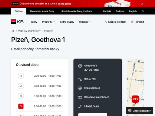 seznam a vyhledávání poboček a bankomatů komerční banky.
