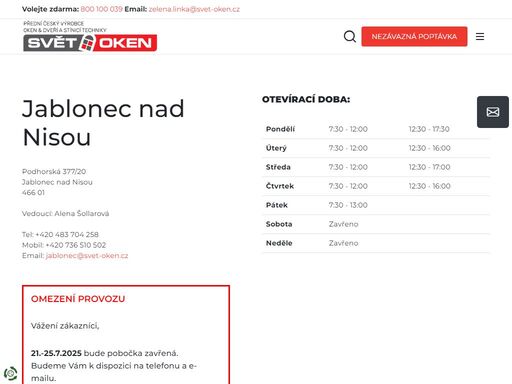 pobočka společnosti svět oken jablonec nad nisou nabízí do konce měsíce se slevou plastová okna, plastové dveře, hliníková okna, hliníkové dveře, garážová vrata, balkóny a lodžie a stínící techniku.