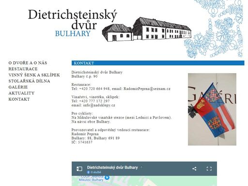 dietrichsteinský dvůr bulhary. výtečná moravská kuchyně díky původním a farmářským surovinám. tradiční vinný šenk se širokou nabídkou vín místních vinařů. reprezentativní historické prostory pro vaše akce s kapacitou až 80 osob. umělecké vyžití v prostorách galérie - výstavy zavedených i začínajících umělců. umístění na návsi obce bulhary, na cyklostezce a v srdci klenotů jižní moravy.