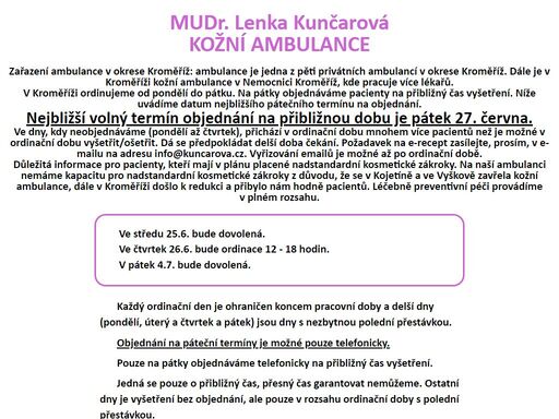 aktuální informace z prostředí kožní ambulance mudr. kunčarové