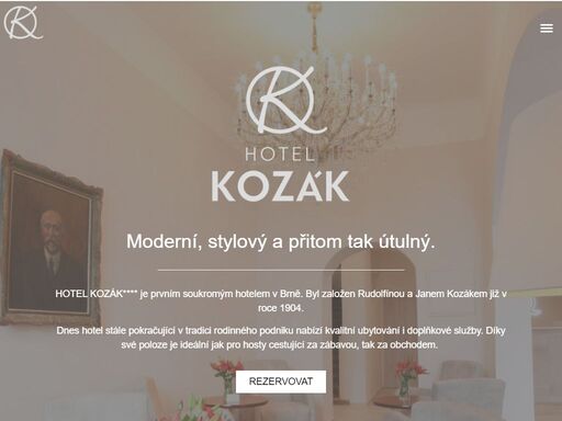 moderní, stylový a přitom tak útulný. hotel kozák**** je prvním soukromým hotelem v brně. byl založen rudolfínou a janem kozákem již v roce 1904.dnes hotel stále pokračující v tradici rodinného podniku nabízí kvalitní ubytování i doplňkové služby. díky své poloze je ideální jak pro hosty cestující za zábavou, tak za obchodem. rezervovat moderní ubytování na