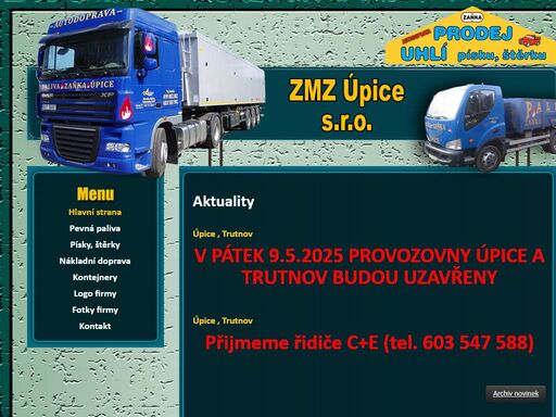 zmz úpice - prodej uhlí, písku, štěrku, autodoprava