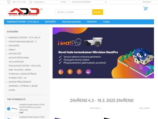 vítejte v našem obchodě. add distribution s.r.o. je ryze českou firmou působící na trhu komunikačních & bezpečnostních technologií a to již od roku 2000. sídlo firmy je v hradci králové. převážná většina dodávaných produktů a služeb míří k tuzemským zákazníkům, dílčí obchodní aktivity orientuje společnost také do…