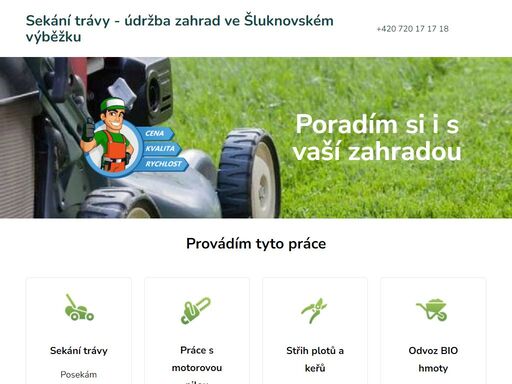 sekání trávy, údržba trávníku, údržba zahrad, kácení stromů, kácení náletů, sázení rostlin, vertikutace