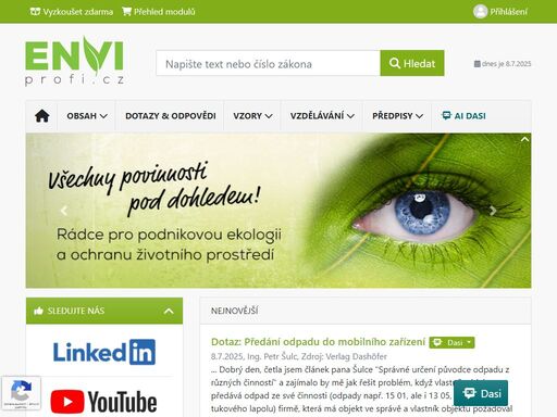 enviprofi databáze odborných článků, formulářů, řešení a vzorů z oblasti podnikové ekologie a ochrany životního prostředí se zaměřením na odpady, obaly, chemické látky, vodohospodářství, ovzduší, zemědělství, energetika, dotace, eia, ochrana přírody a krajiny.