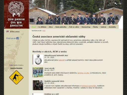 vítejte na webu cacwa, asociace lidí zajímajících se o americkou občanskou válku z let 1861 až 1865. naší hlavní aktivitou jsou rekonstrukce dobových bitev a potyček, pořádání táboření a výcviků, studium tohoto konfliktu a účasti čechů na obou válčících s