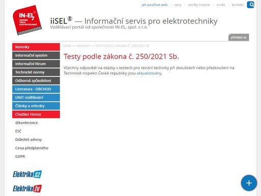 vzdělávací portál společnosti in-el, informační a poradenské služby v oboru silnoproudé elektrotechniky.